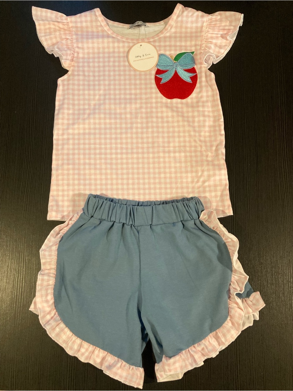 NEW - Abby & Evie - Back To School Pink Gingham Apple Ruffled Shorts Set - Sz 4